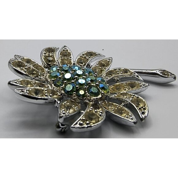 Vintage Sarah Coventry Silver-Tone Floral Brooch With Yellow & Green Rhinestone - Picture 3 of 4